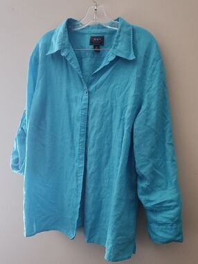 Chaps women's 2X Turquoise Blue Linen Button Down Shirt Long Sleeve